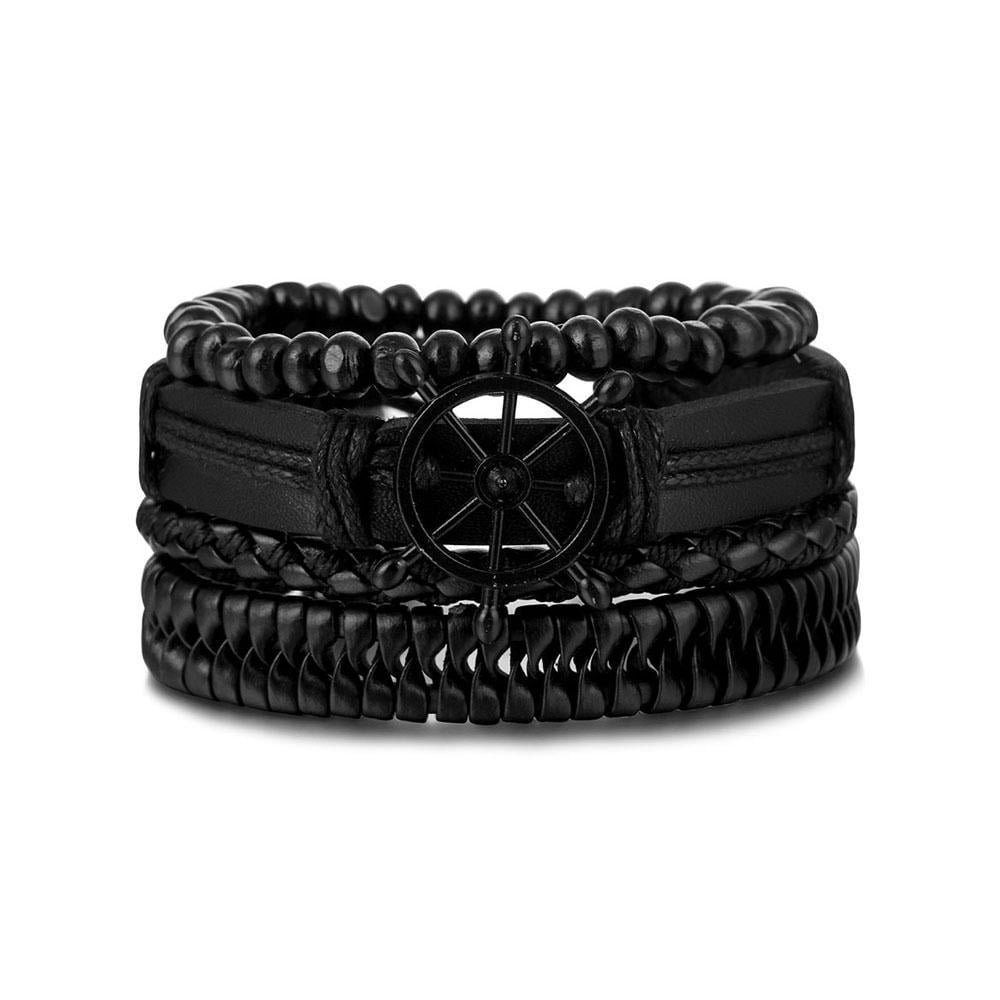 Набор браслетов мужских плетеных кожаных универсального размера штурвал корабля (NR0513)