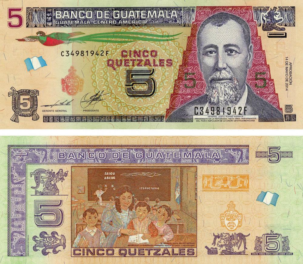 Коллекционная банкнота Гватемала 5 кетсалей 2014 UNC P122 (Б13521)