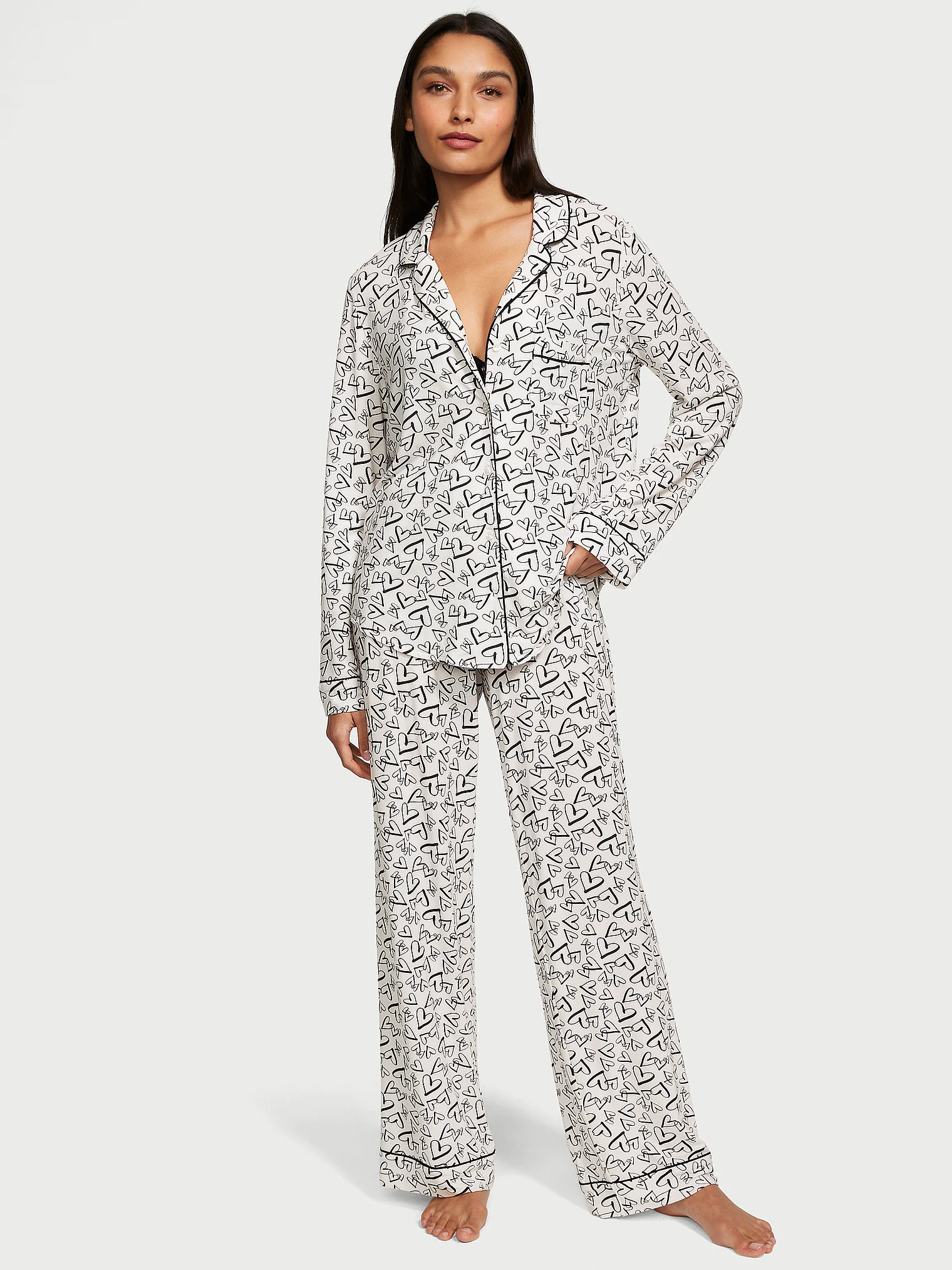 Піжама жіноча Victoria's Secret Modal Long Pajama Set у сердечка S Білий (15294042) - фото 1