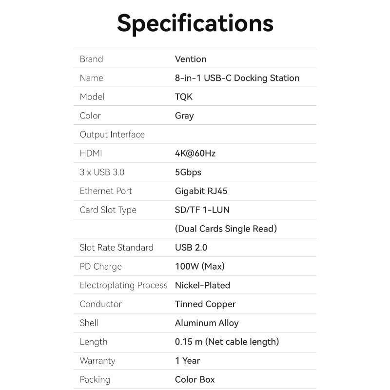 USB-хаб Vention Type-C-3x USB 3.0/5 Гбит/с HDMI 4K 60Hz/Type-C PD 100W/SD/TF карты RJ45 1 Гбит/с USB-C Серый (TQKHB) - фото 7 USB-хаб Vention Type-C-3x USB 3.0/5 Гбит/с HDMI 4K 60Hz/Type-C PD 100W/SD/TF карты RJ45 1 Гбит/с USB-C Серый (TQKHB) - фото 7
