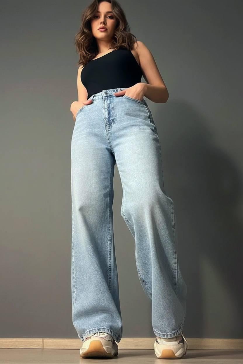 Джинсы женские ITS Basic 2499-3 Wide Leg jeans с высокой талией широкие ровные от бедра с выточками на бедрах р. 34 Голубой (3918)