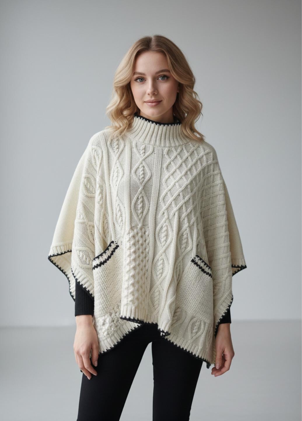 Пончо накидка вязанная с черной окантовкой Lipsy 19645 One Size Молочный