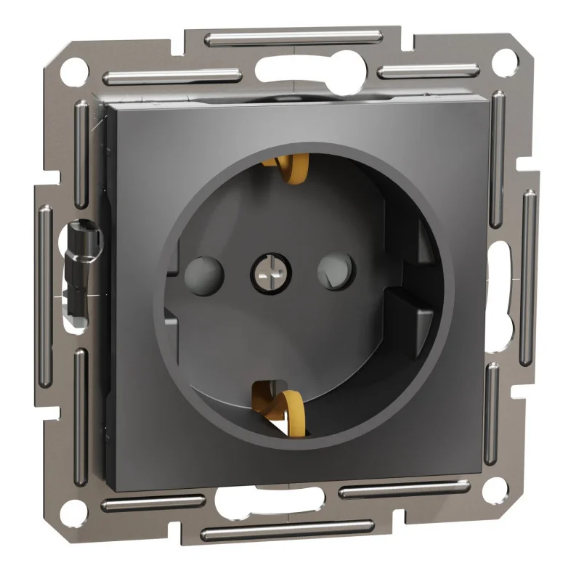 Розетка с заземлением Asfora Schneider Electric и защитными шторками Антрацит (27688503)