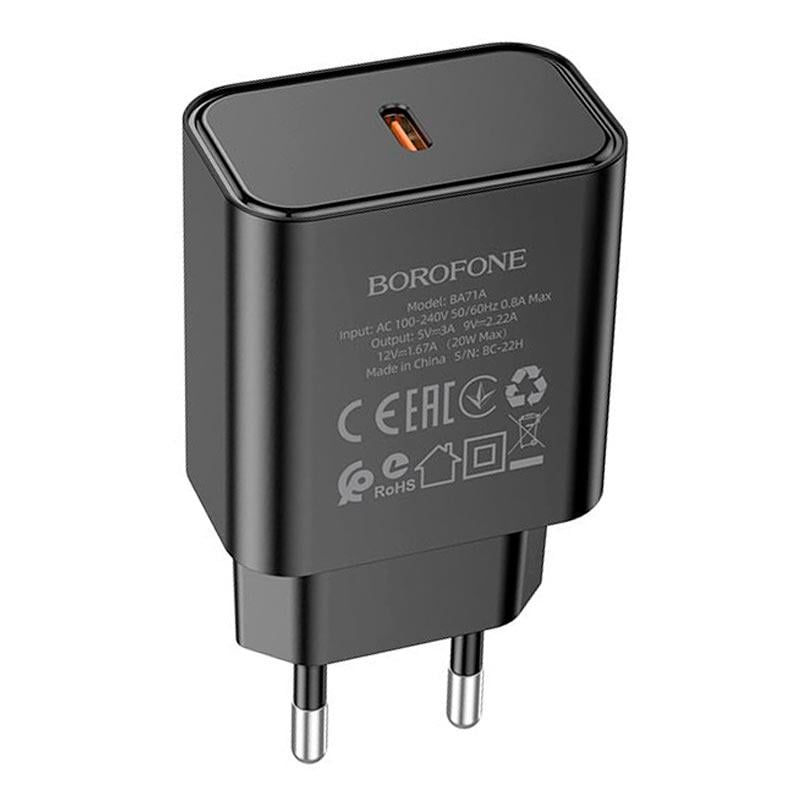 Зарядное устройство Borofone Power single port charger BA71A 1Type-C 20 W 3 A PD/QC Black (568666) - фото 4