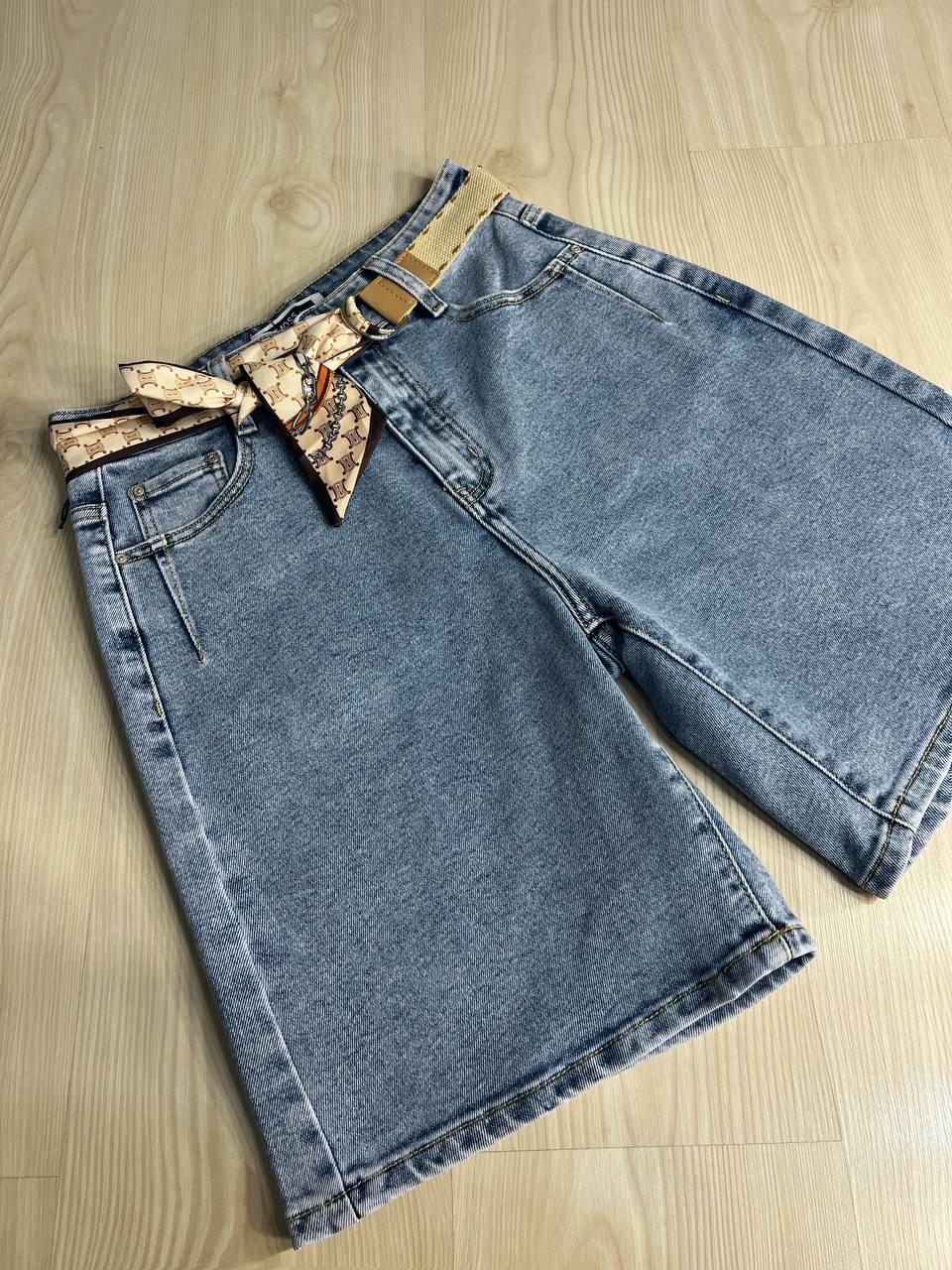 Шорты женские джинсовые Moss 513 бермуды с высокой посадкой и поясом-платком р. 32 Голубой (4170) - фото 4