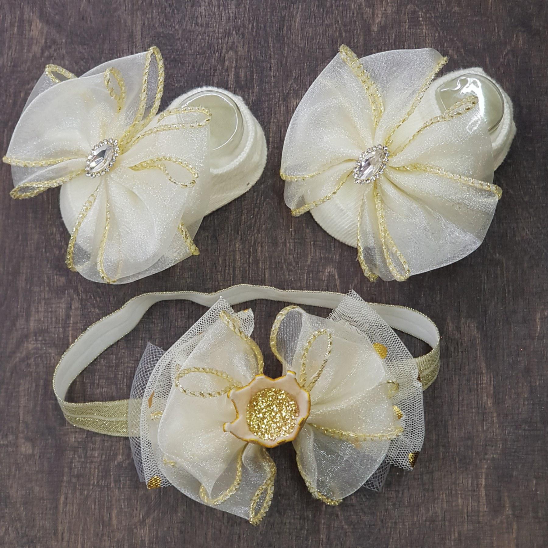 Комплект для новорожденных Носки и повязка на голову в виде короны Бежевый/Золотой (2470603664)