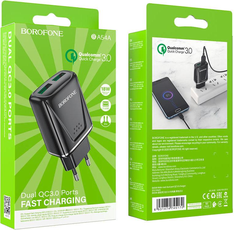 Устройство зарядное Borofone BA54A QC3.0 2 USB 3A 18W Black (36722) - фото 4 Устройство зарядное Borofone BA54A QC3.0 2 USB 3A 18W Black (36722) - фото 4