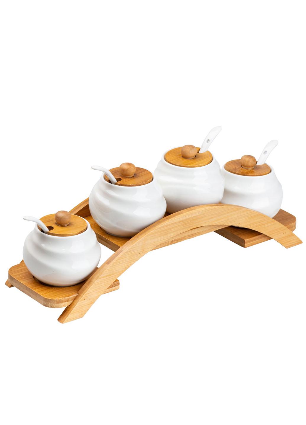 Набор керамических банок на подставке Set of 4 Cruets для сыпучих продуктов с крышками и ложками 5 предметов Белый (261L)