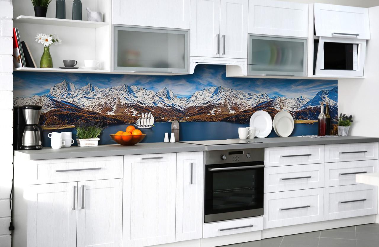 Кухонный фартук Море горы заснеженные скалы корабль из самоклеющейся виниловой пленки 65х250 см Синий