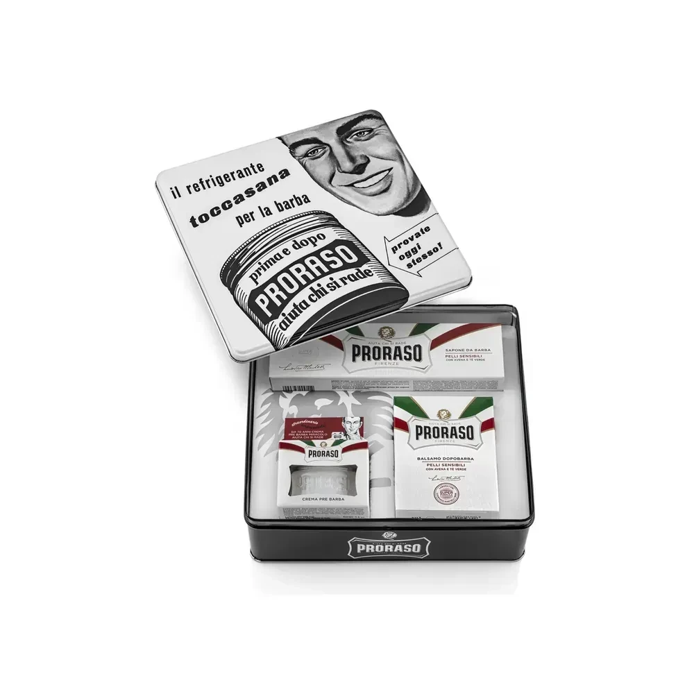 Подарунковий набір для гоління Proraso Vintage Selection Toccasana Sensitive у вінтажній металевій коробці із зеленим чаєм/вівсом Подарунковий набір для гоління Proraso Vintage Selection Toccasana Sensitive у вінтажній металевій коробці із зеленим чаєм/вівсом