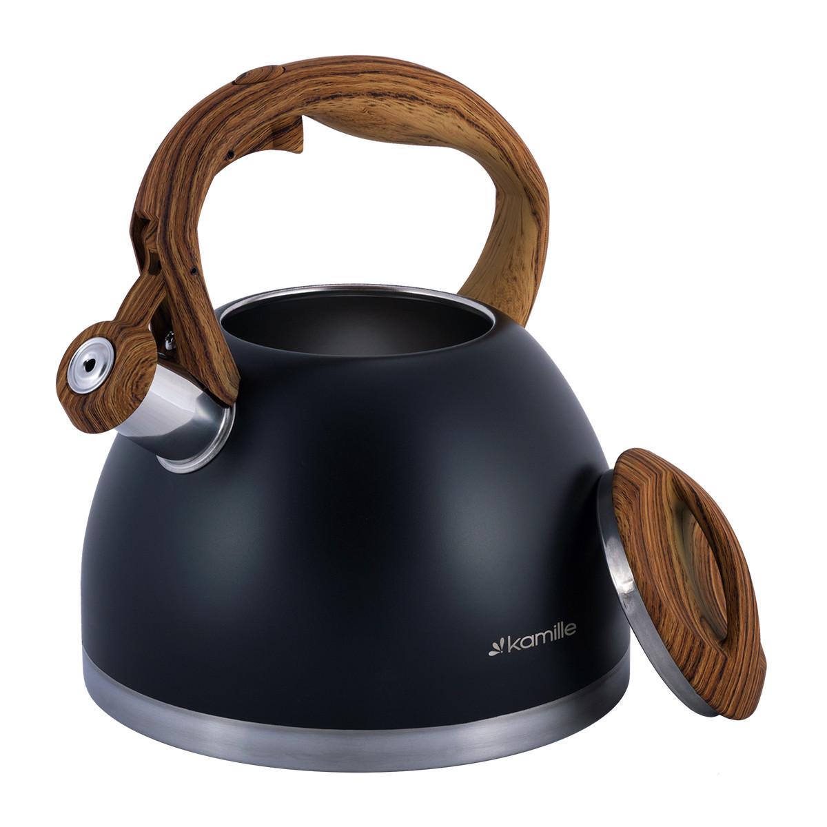 Чайник со свистком Kamille KM-1087 из нержавеющей стали и нейлоновой ручкой с покрытием soft-touch под дерево 2,7 л Черный (150-84-1087) - фото 6 Чайник со свистком Kamille KM-1087 из нержавеющей стали и нейлоновой ручкой с покрытием soft-touch под дерево 2,7 л Черный (150-84-1087) - фото 6