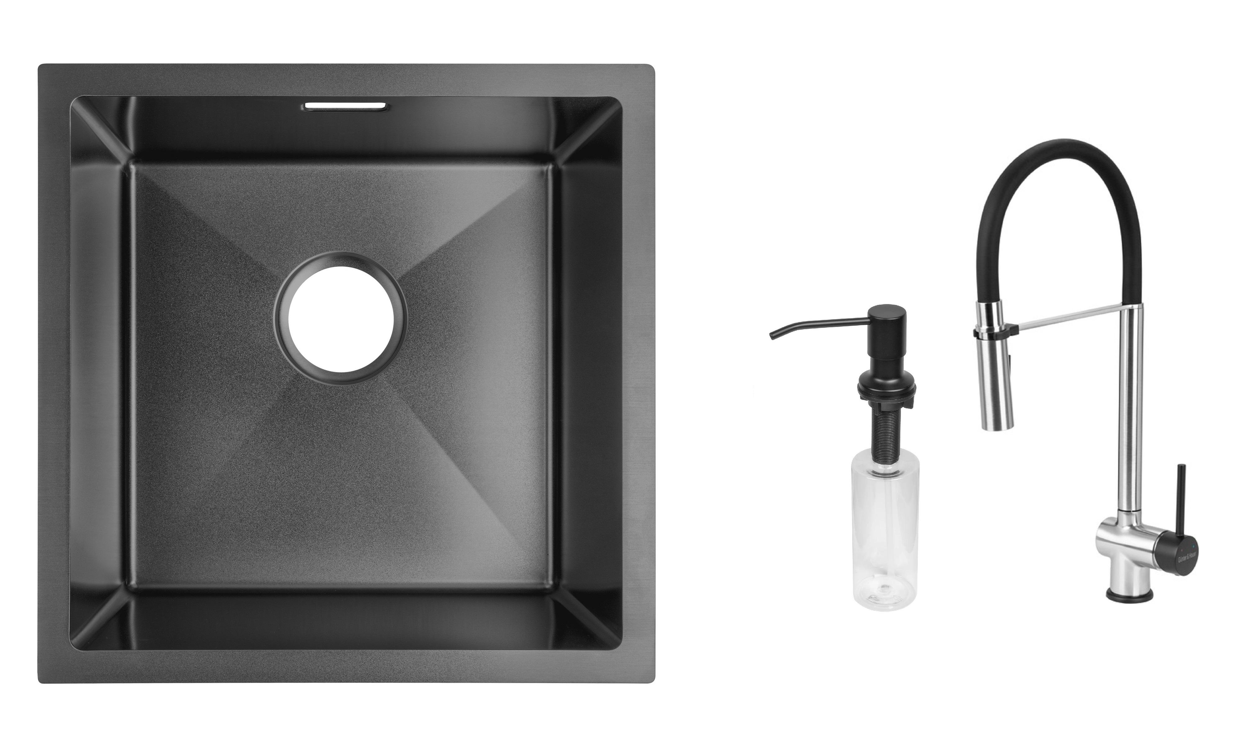 Комплект з кухонної мийки Gunter&Hauer Olef 4522 Black/змішувача Gunter&Hauer EDEL Brush Black/дозатора Gunter&Hauer SOAP DISPENSER Black
