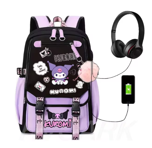 Школьный рюкзак для девочки KUROMI в японском стиле с помпоном и USB-кабелем (991944488) - фото 2 Школьный рюкзак для девочки KUROMI в японском стиле с помпоном и USB-кабелем (991944488) - фото 2