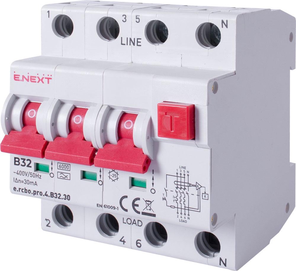 Диференційний вимикач E.NEXT e.rcbo.pro.4.B32.30 3P+N 32А 30мА "B" тип А з захистом від надструмів (p0720031)