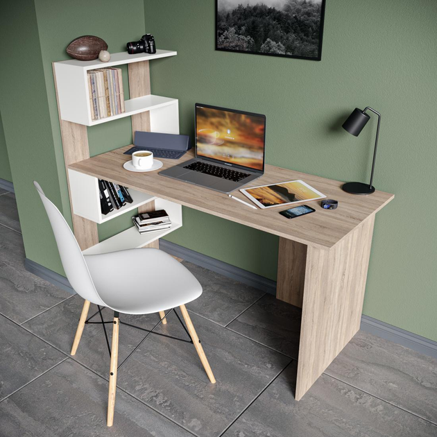 Стол компьютерный Moreli ST-0024 с полочками слева 141,6х60х122,6 см Дуб Сонома/Белый (24113973)