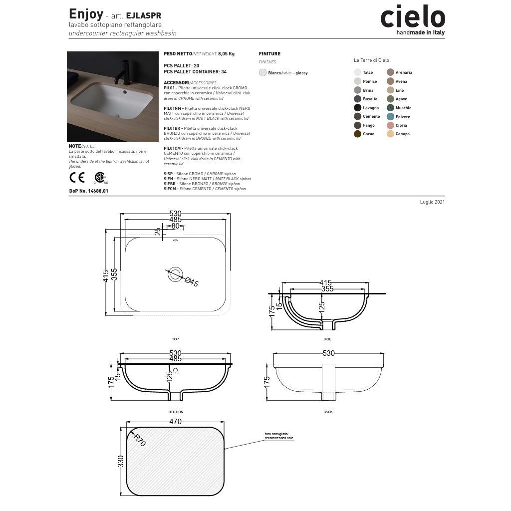 Умивальник врізний Cielo Enjoy EJLASPR 530x415x175 мм Білий (183737) - фото 3 Умивальник врізний Cielo Enjoy EJLASPR 530x415x175 мм Білий (183737) - фото 3