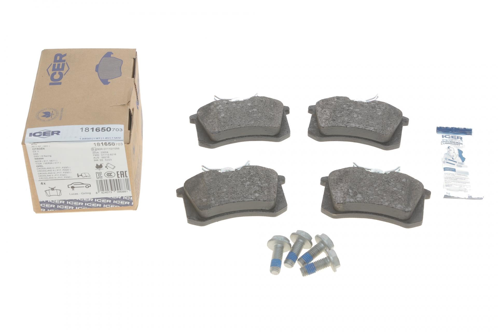 Колодки тормозные задние ICER Audi A4/A6/Renault Scenic/Megane 97-/Fluence/Citroen C3/C4 10-/Peugeot 06 (181650-703)
