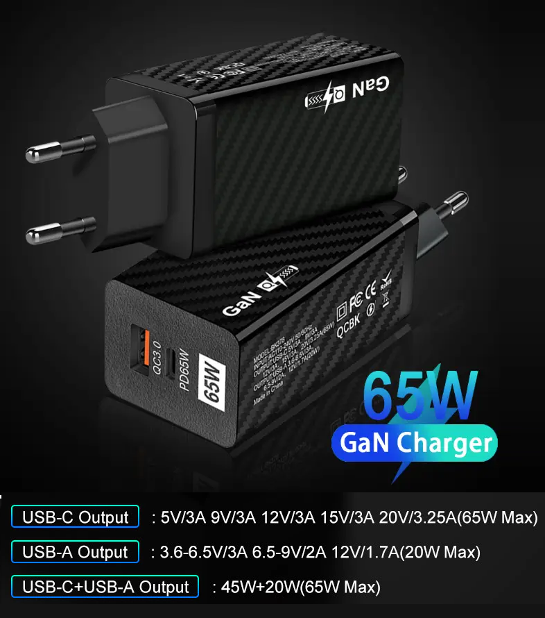 Зарядное устройство для USLION GaN Carbon 65 Вт PD Quick Charge + кабель 100 Вт (9653417) - фото 3