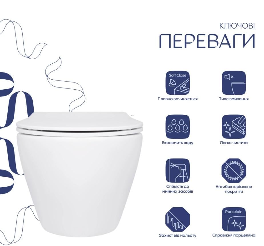 Унітаз підвісний Qtap Jay Ultra Quiet з сидінням Slim Duroplast/Soft-close/Release White (QT07335175W) - фото 4