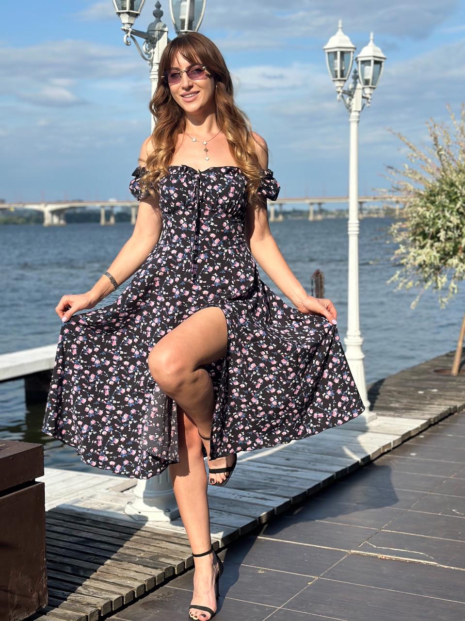 Платье женское меди Maybel софт Черный Цветочный розовый принт (2656491059)