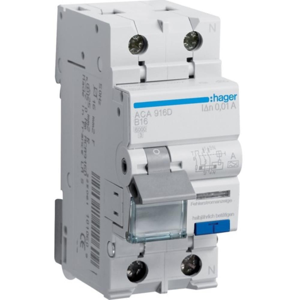 Выключатель дифференциальный автоматический Hager ACA916D 1P+N 6kA B-16A 10mA тип A (00000045911)