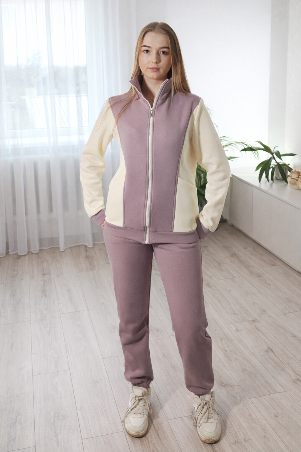 Костюм жіночий теплий з тринитки кофта/штани Capricious CAPS0193 XL Фіолетовий з молочним (38097416)