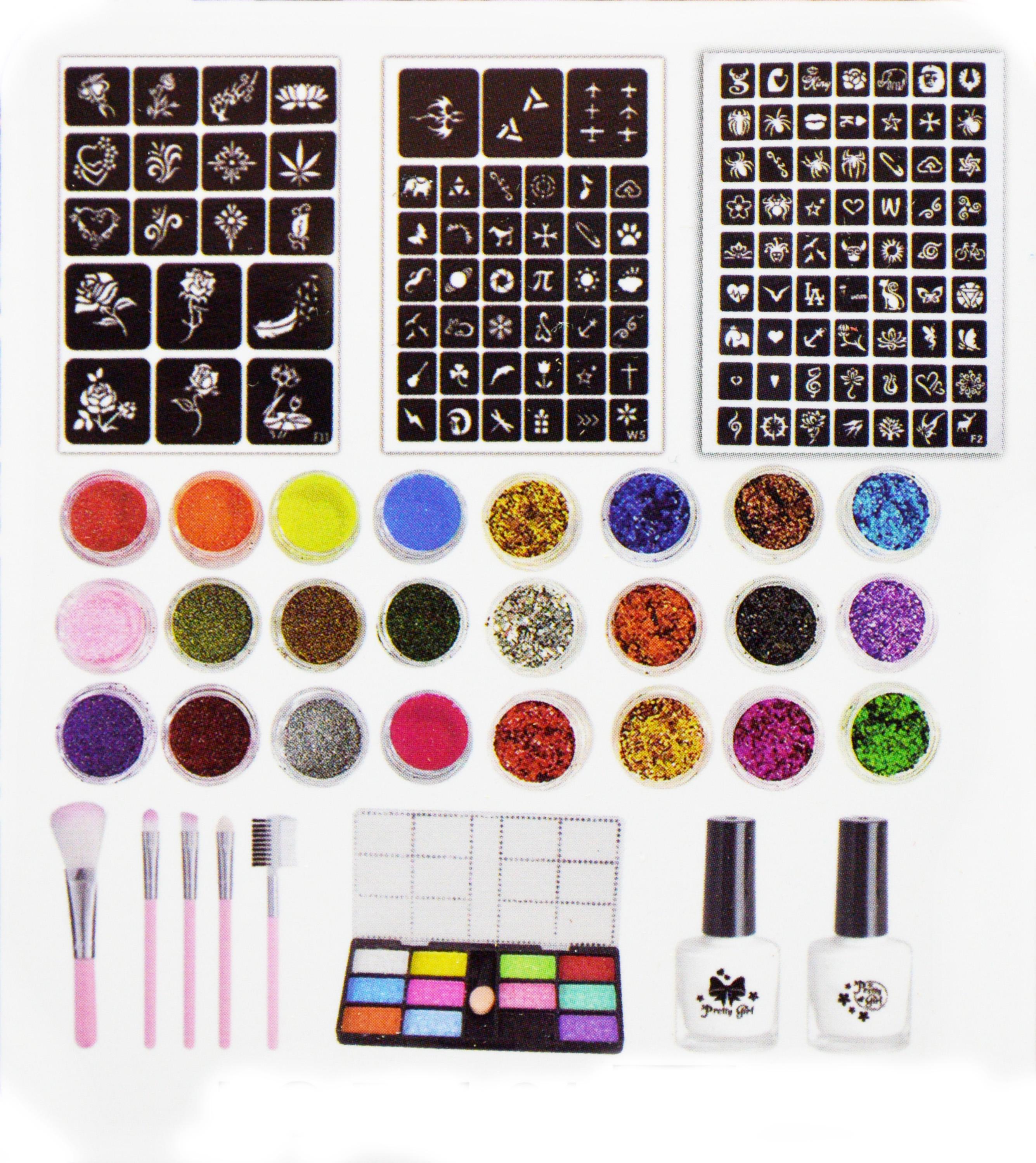 Дитячий набір для тату 764-21 24 кольори гліттера 2 пляшечки клею трафарети тіні - фото 3 Дитячий набір для тату 764-21 24 кольори гліттера 2 пляшечки клею трафарети тіні - фото 3