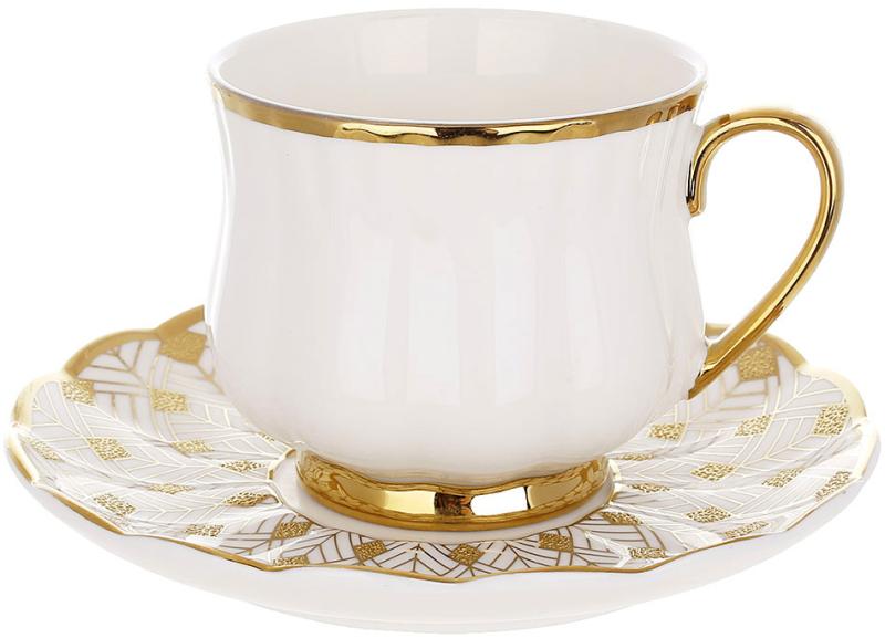 Чайный фарфоровый сервиз с блюдцами Камелия 6 шт. 250 мл Белый с золотым