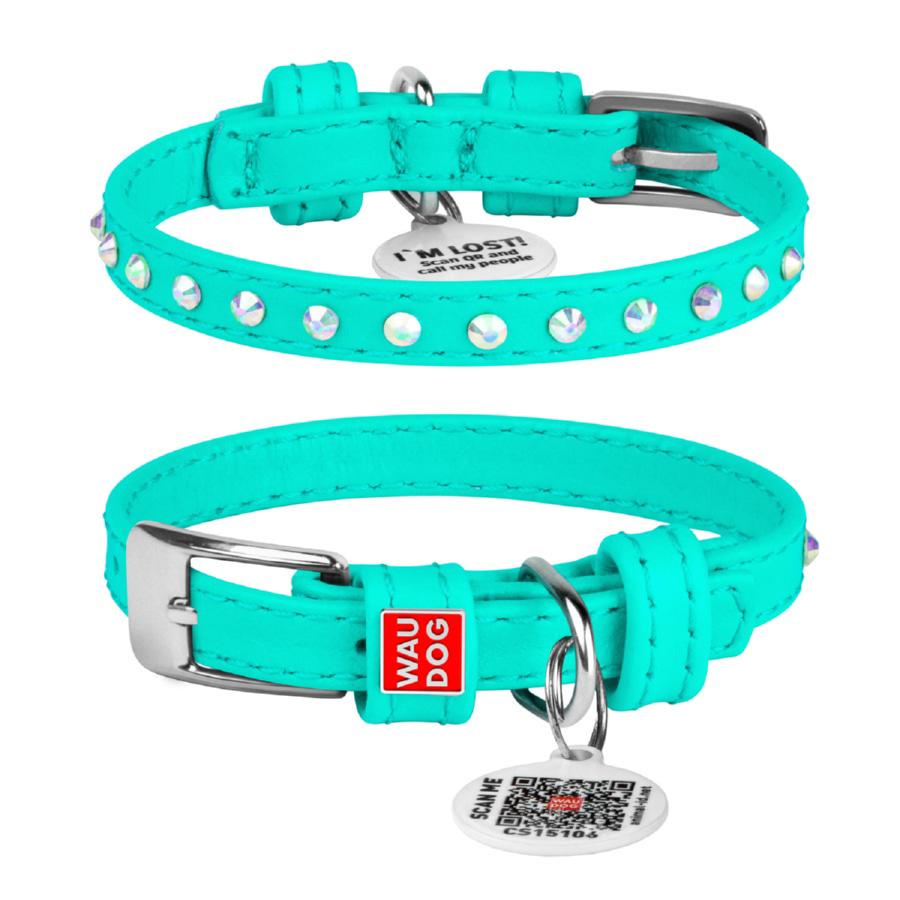 Ошейник для собак кожаный Waudog Glamour с QR паспортом с клеевыми стразами XS 9 мм 18-21 см