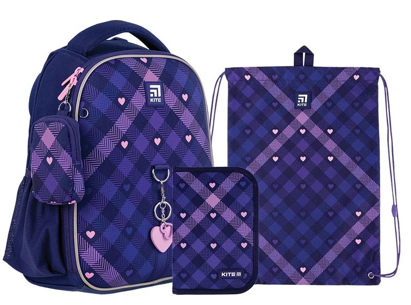 Набор каркасный рюкзак школьный/пенал/сумка для обуви KITE Education Check and Hearts каркасный (202836)