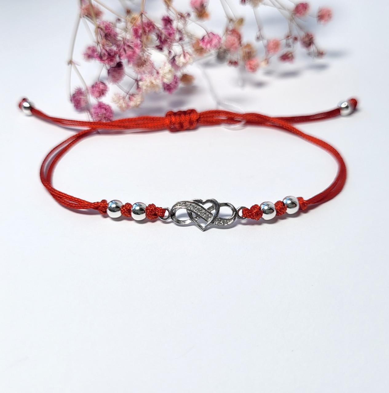 Браслет Оберег Сердце с белыми камнями серебро 925 пробы покрыт родием 0,98 г (75277б)