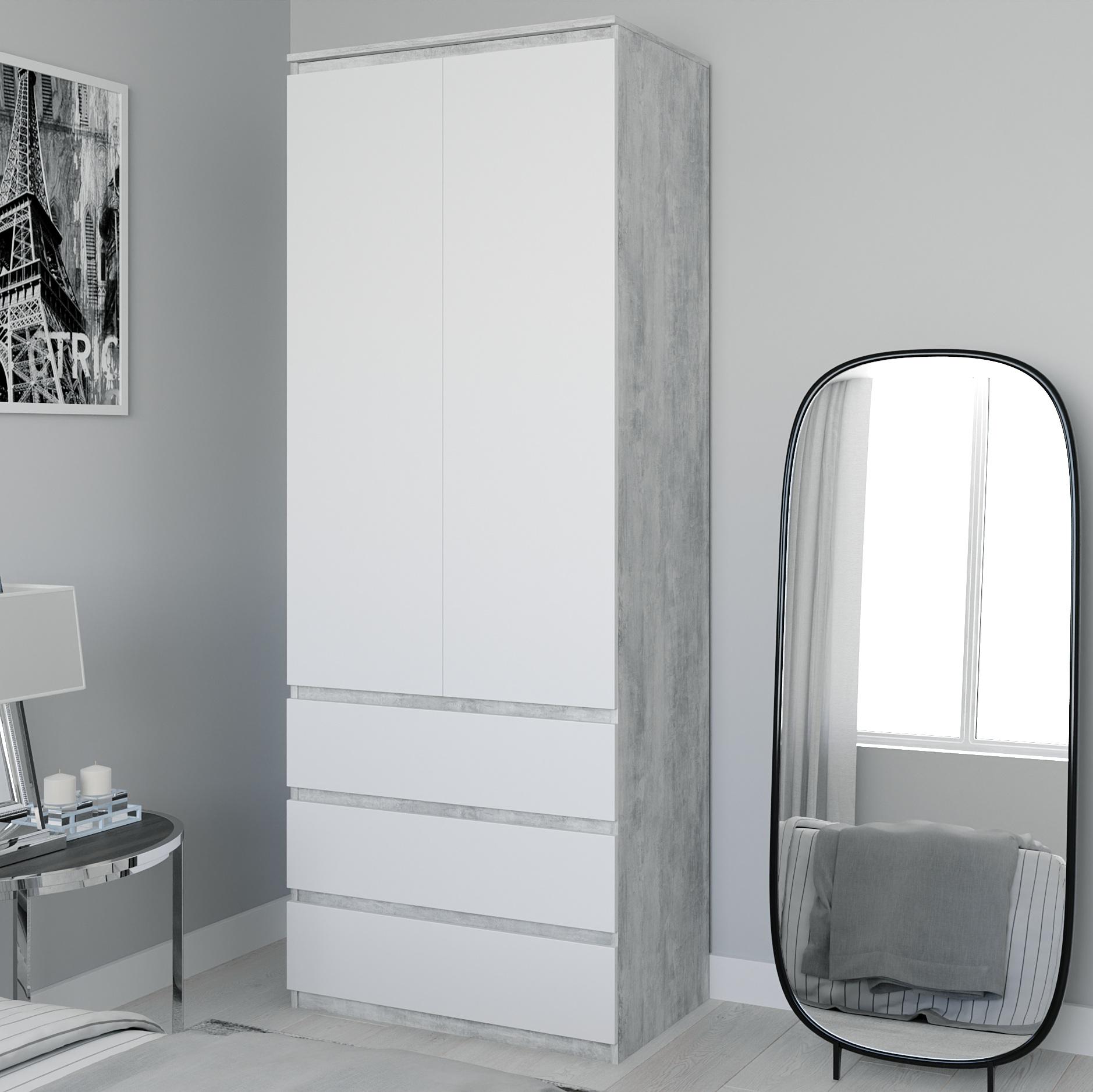 Шафа розпашна двохдверна з полицями та ящиками 800x2110x500 мм Бетон/Білий (mt-210-bt-wh) - фото 1 Шафа розпашна двохдверна з полицями та ящиками 800x2110x500 мм Бетон/Білий (mt-210-bt-wh) - фото 1