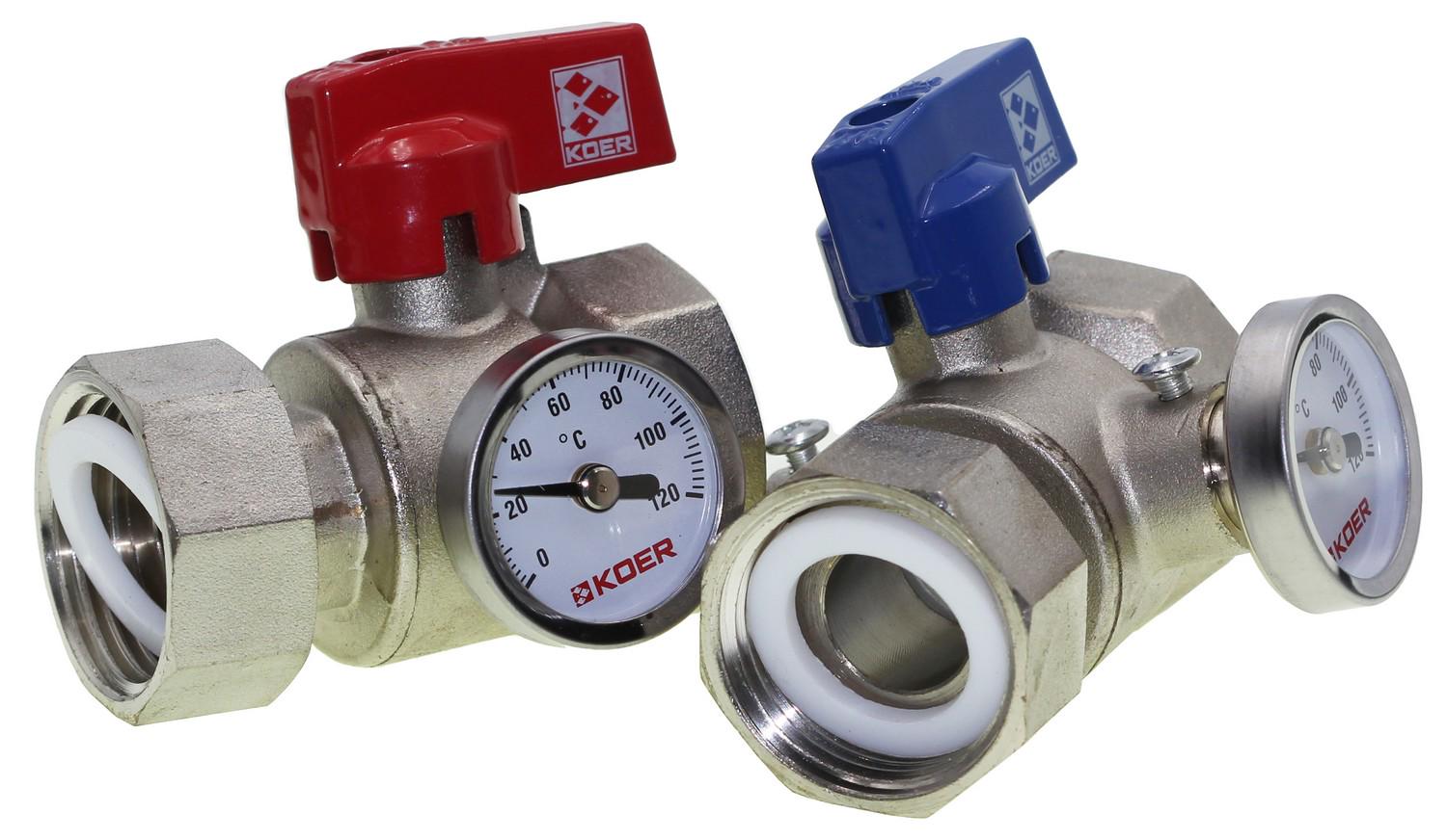 Крани кульові KOER KR.1034 1" ГГБ з накидною гайкою та термометром прямий комплект (KR2892)