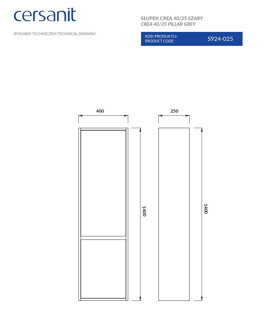 Пенал Cersanit Crea FZZP1001491789 40x140x25 см монтаж подвесной Серый (94383) - фото 5 Пенал Cersanit Crea FZZP1001491789 40x140x25 см монтаж подвесной Серый (94383) - фото 5