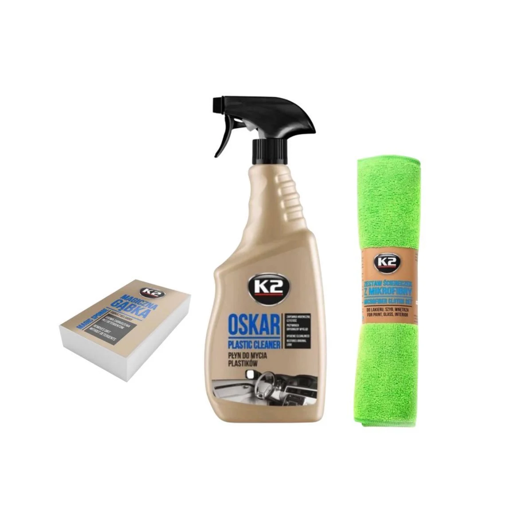 Набір для догляду за пластиком салону автомобіля K2 Oskar Plastic Cleaner/мікрофібра/меламінова губка (AS2318) Набір для догляду за пластиком салону автомобіля K2 Oskar Plastic Cleaner/мікрофібра/меламінова губка (AS2318)