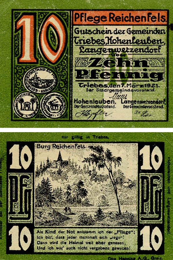 Коллекционная банкнота Германия Нотгельд 10 пфеннигов 1921 F-VF Грайц Разновидность 1 (Б18496)