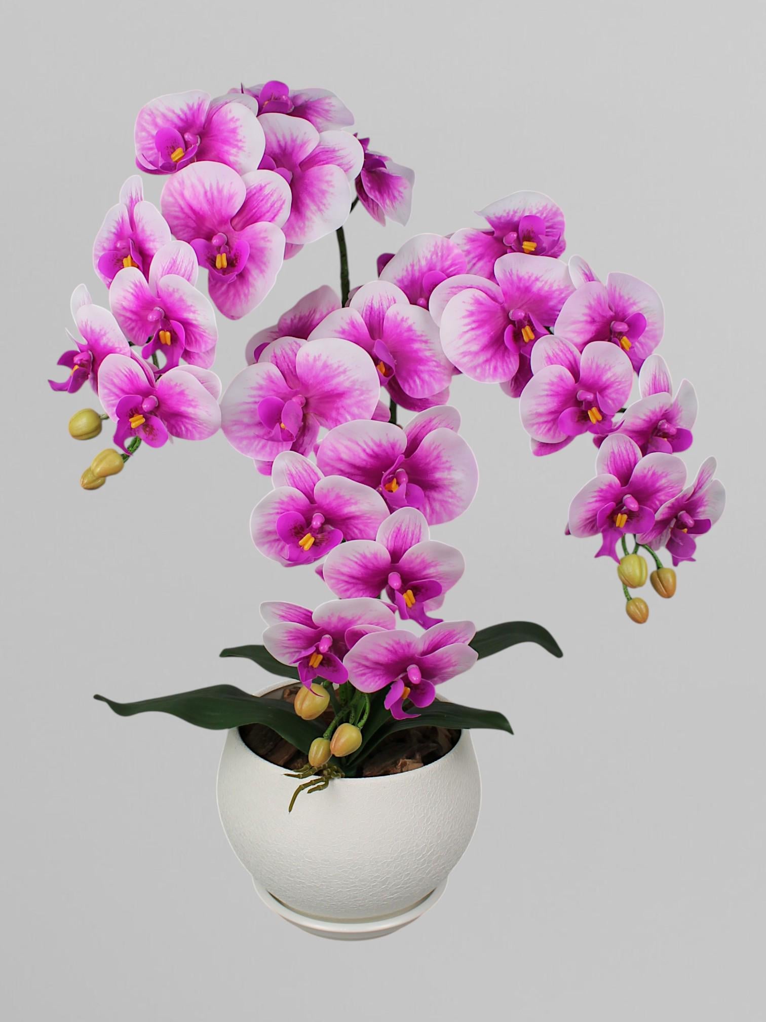 Композиция из искусственных орхидей из латекса Premium 3 веточки в белом керамическом кашпо Фуксия с белыми краями (А147)