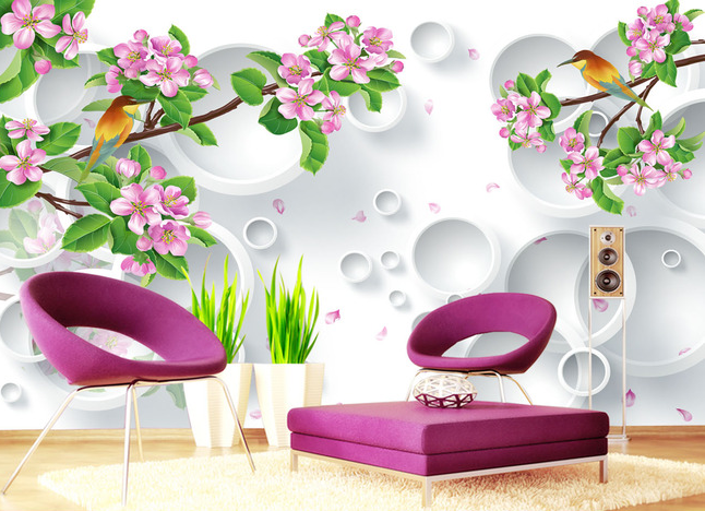 Фотообои 3D флизелиновые цветочные для спальни/зала/кухни Цветущая вишня