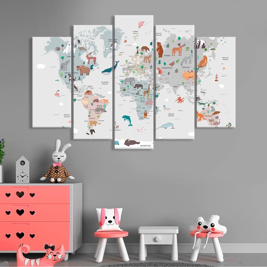 Картина на полотні Дитяча карта світу з фауною 137x85 см (V545-5_L)