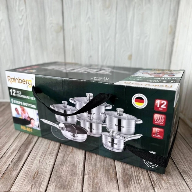 Набір каструль та сковорода з нержавіючої сталі з товстим дном Rainberg RB-601 12 предметів - фото 7