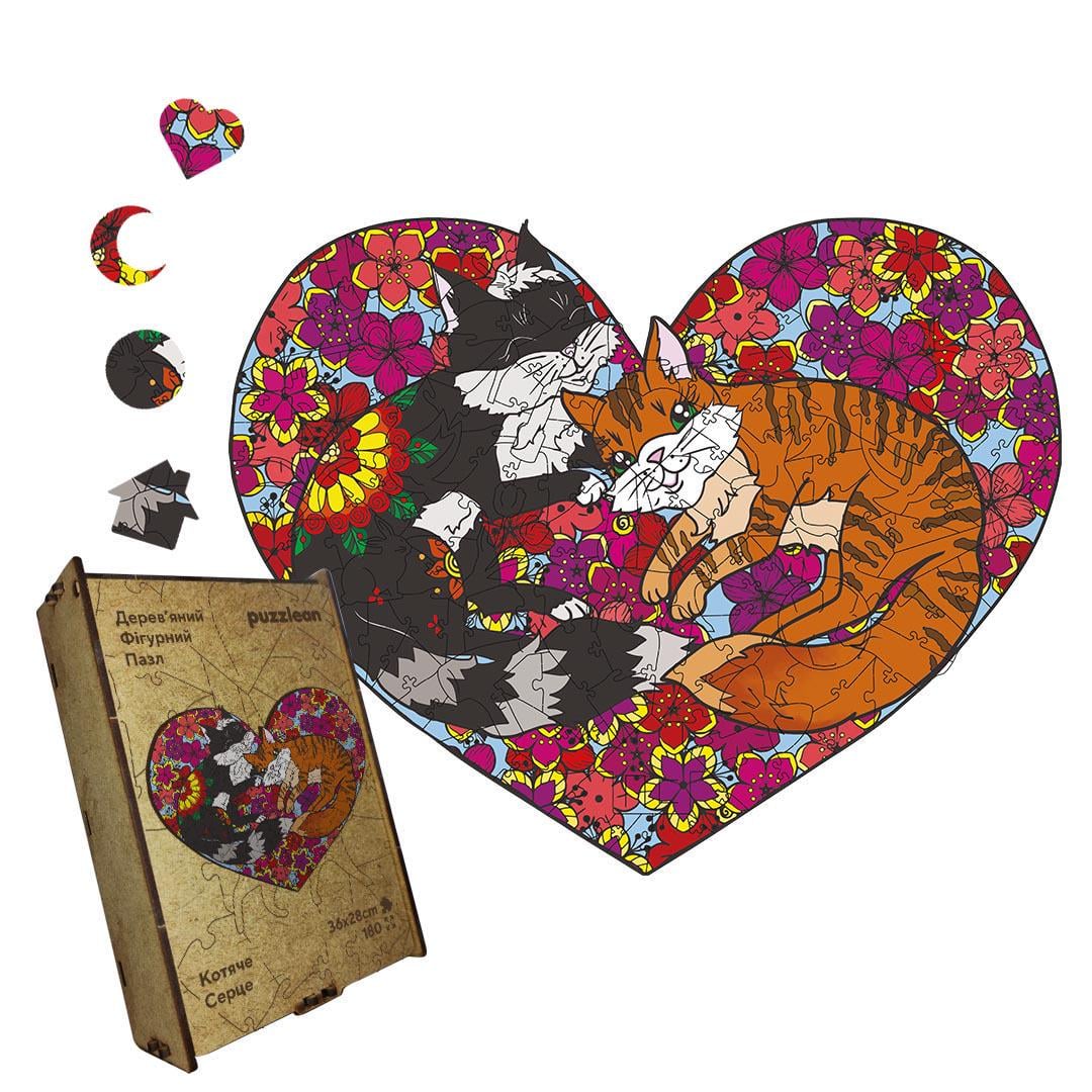 Пазл дерев'яний Котяче Серце А4 картонна коробка 100 ел. (26102619)