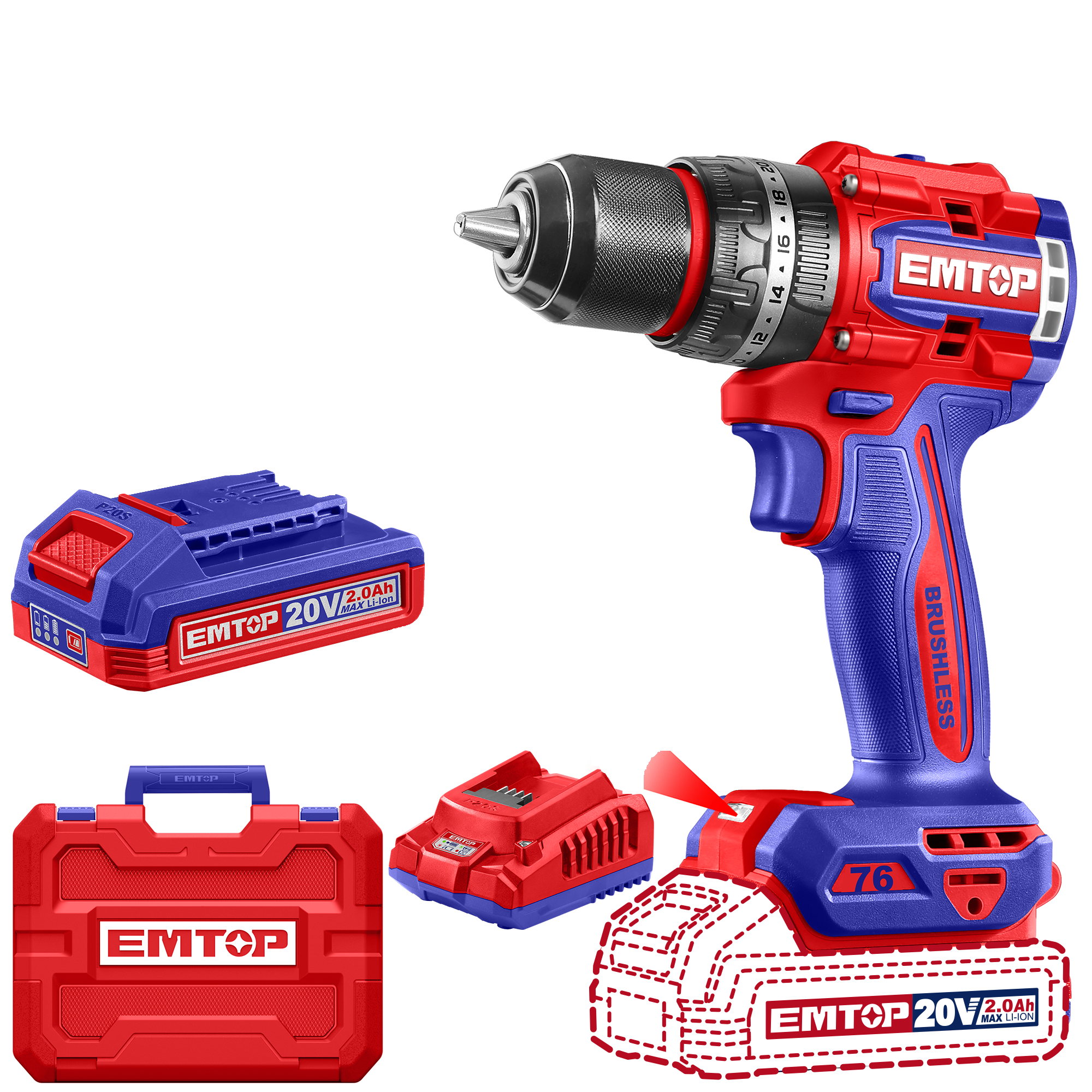 Дриль-шуруповерт акумуляторний ударний EMTOP ECIDL20768