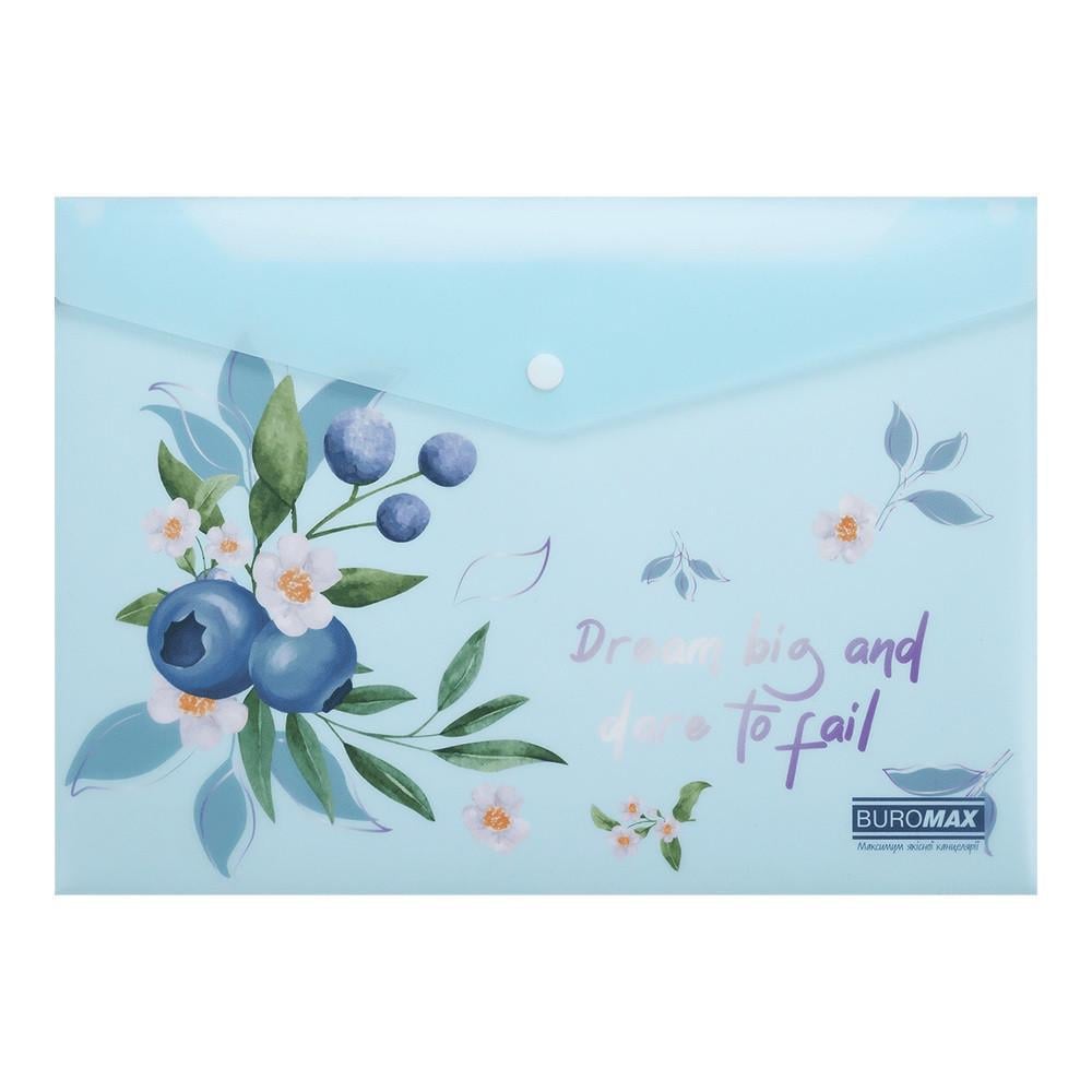 Папка-конверт А4 на кнопці Buromax BLUEBERRY ARABESKI BM.3943-52 матовий напівпрозорий пластик Аквамарин (4823126816326)