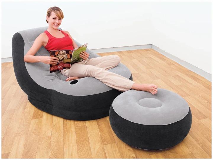 Надувне крісло з підсклянником Intex 68564 Ultra Lounge з пуфиком 154х98 см Сіро-чорний - фото 6 Надувне крісло з підсклянником Intex 68564 Ultra Lounge з пуфиком 154х98 см Сіро-чорний - фото 6