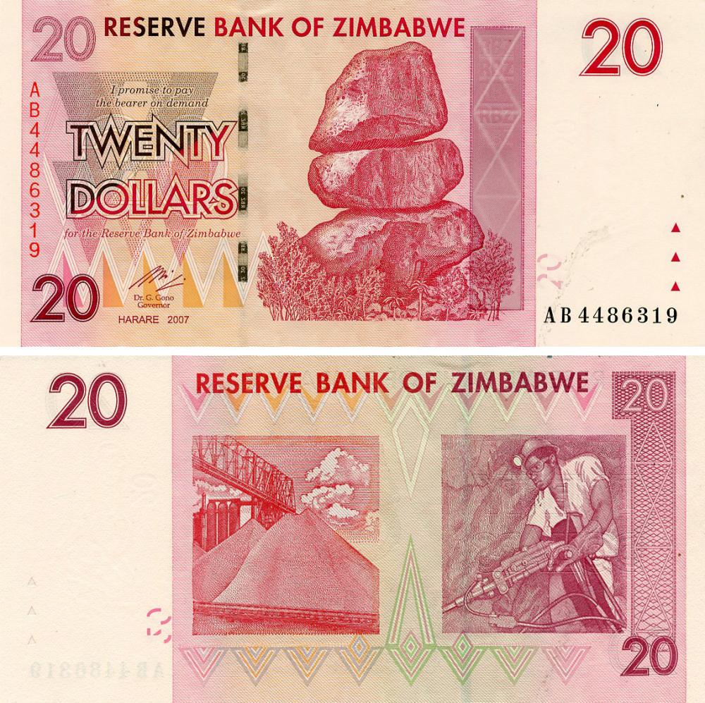 Коллекционная банкнота Зимбабве 20 долларов 2007 UNC P68 (Б25051)