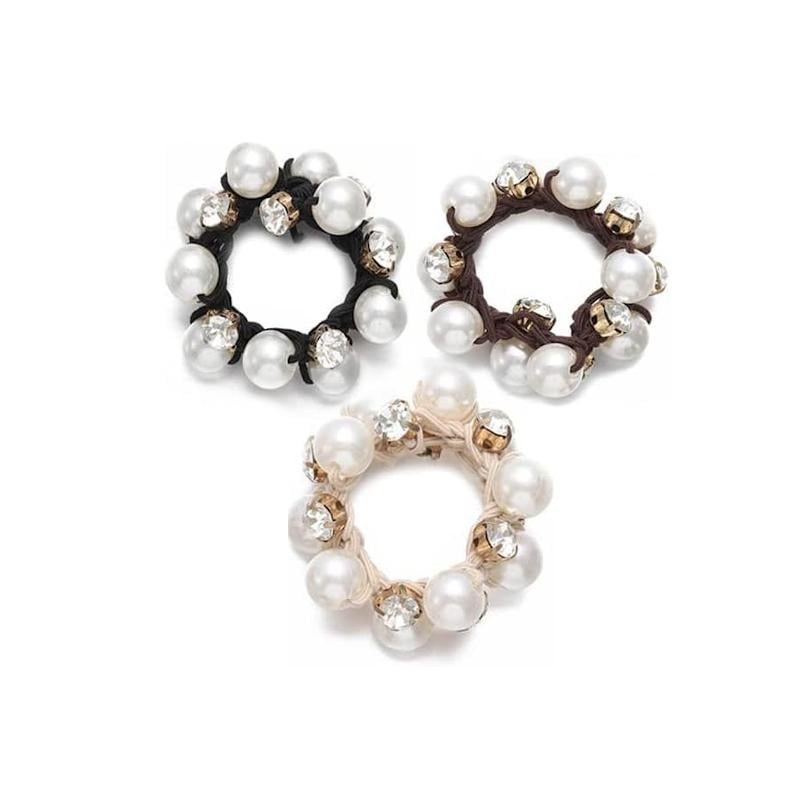 Резинки для волос с искусственным жемчугом и стразами 3 шт. Бежевый/Черный/Коричневый (2743174611)