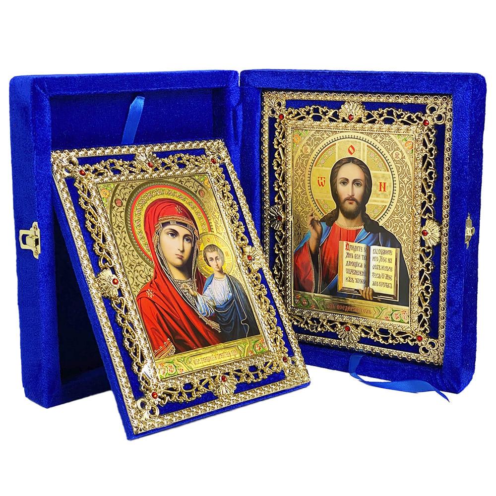 Икона Богородица и Иисус ажурные в бархате Синий (Б35В-З/С)