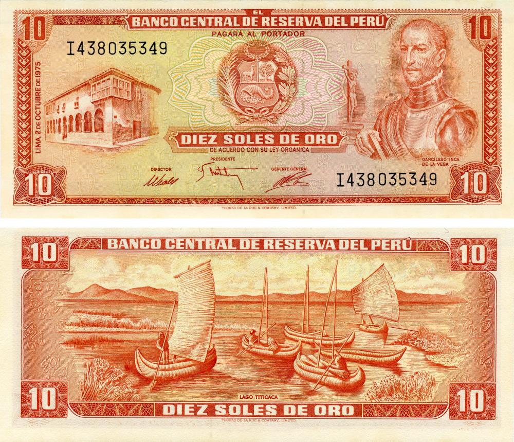 Коллекционная банкнота Перу 10 соль 1975 AU-UNC Озеро Титикака Лодки P106 (Б13270)