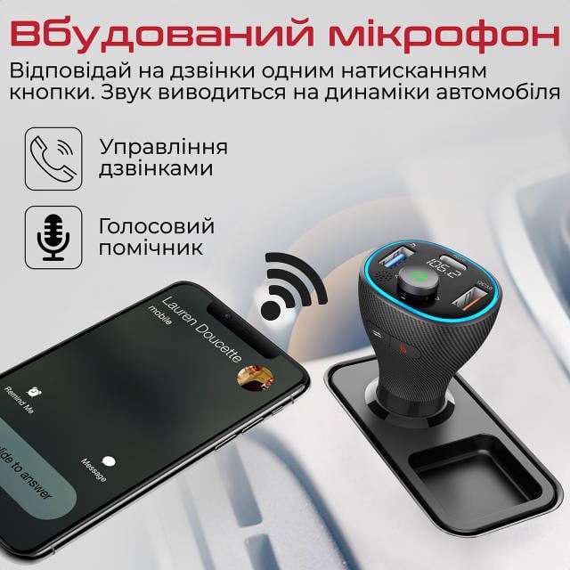 FM-трансмітер Bluetooth Promate PowerTune-38W USB-A OTG/USB-A QC3.0/USB-C PD Black - фото 3