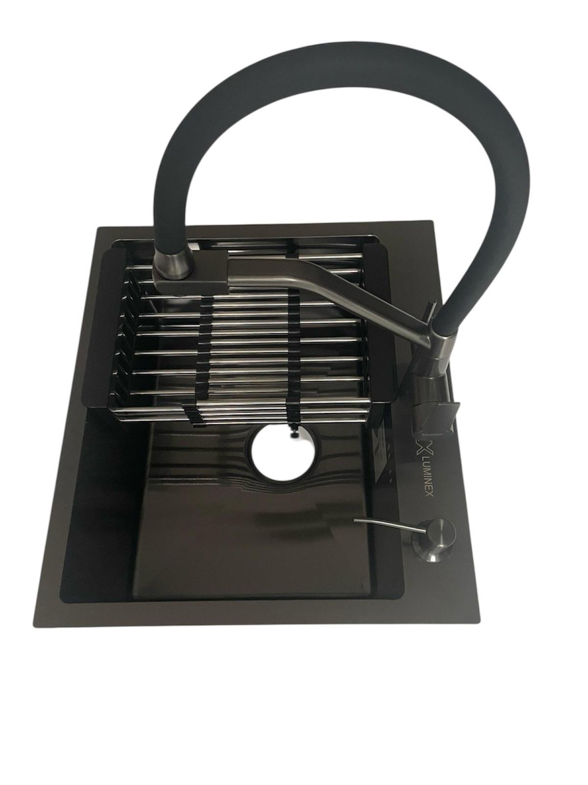 Мойка кухонная Luminex 5045 см с и кран Kroner PVD03817BLK с подключением к фильтру воды Черный